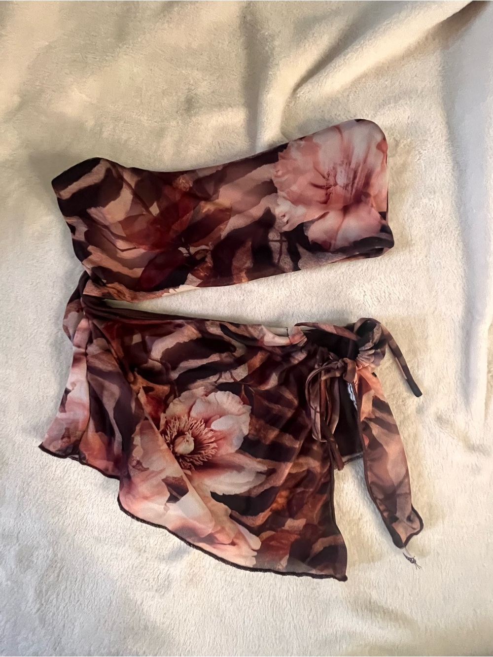 Floral crop top Top with Matching Sarong - Pink Brown